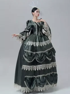 Vintage Victorian Dress Marie Antoinette Style Long Trumpet Sleeves Lace Trim Vintage Dress