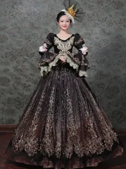 Vintage Victorian Rococo Dress Embroidered Path Long Flared Sleeves Ball Gown Dress