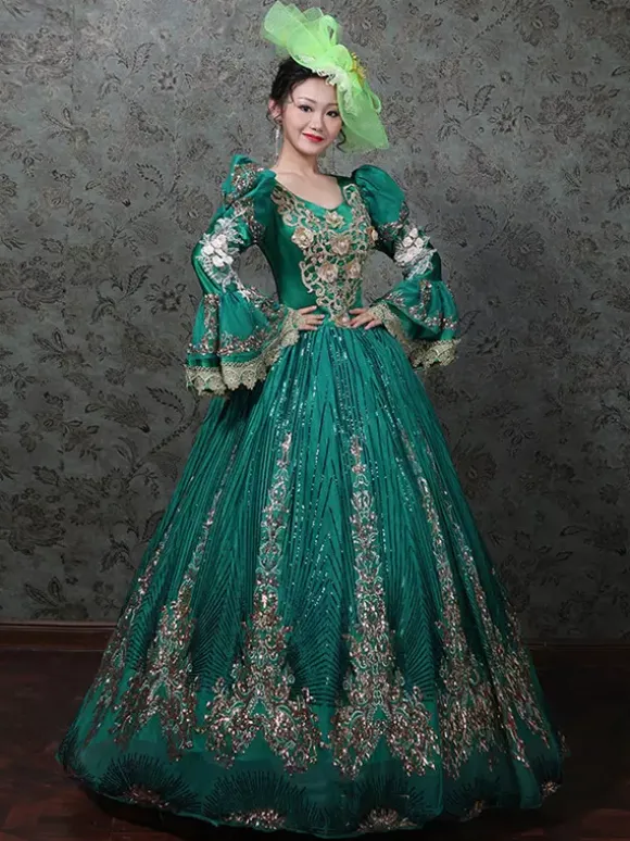 Vintage Victorian Rococo Dress Embroidered Path Long Flared Sleeves Ball Gown Dress