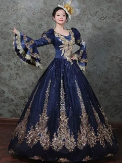 Vintage Victorian Rococo Dress Embroidered Path Long Flared Sleeves Ball Gown Dress