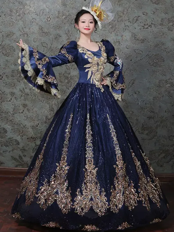 Vintage Victorian Rococo Dress Embroidered Path Long Flared Sleeves Ball Gown Dress