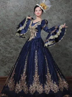 Vintage Victorian Rococo Dress Embroidered Path Long Flared Sleeves Ball Gown Dress
