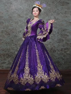 Vintage Victorian Rococo Dress Embroidered Path Long Flared Sleeves Ball Gown Dress