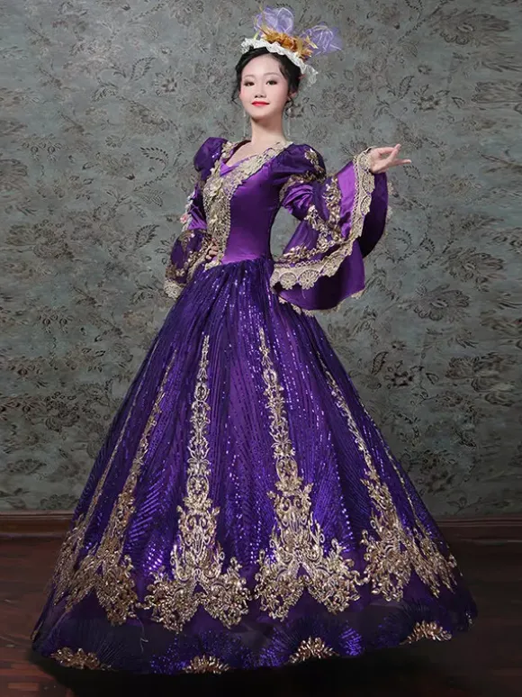 Vintage Victorian Rococo Dress Embroidered Path Long Flared Sleeves Ball Gown Dress