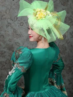 Vintage Victorian Rococo Dress Embroidered Path Long Flared Sleeves Ball Gown Dress