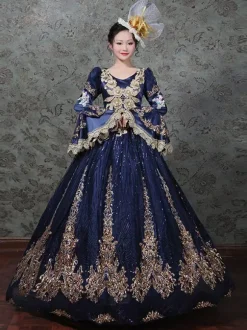 Vintage Victorian Rococo Dress Embroidered Path Long Flared Sleeves Ball Gown Dress