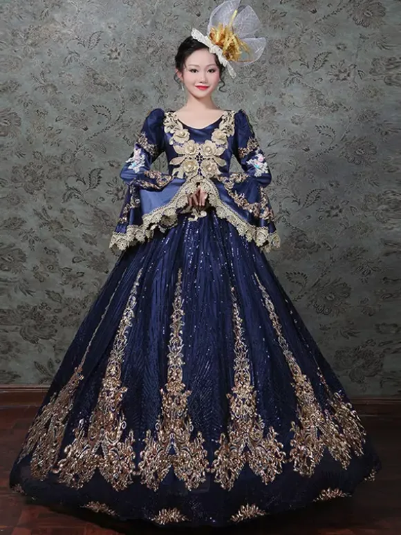 Vintage Victorian Rococo Dress Embroidered Path Long Flared Sleeves Ball Gown Dress