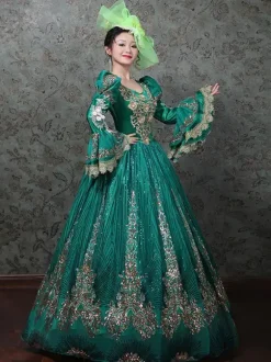 Vintage Victorian Rococo Dress Embroidered Path Long Flared Sleeves Ball Gown Dress