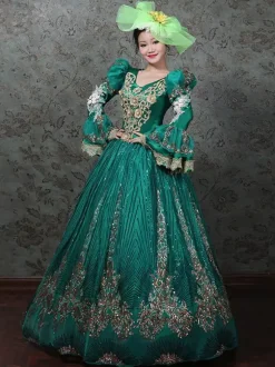 Vintage Victorian Rococo Dress Embroidered Path Long Flared Sleeves Ball Gown Dress