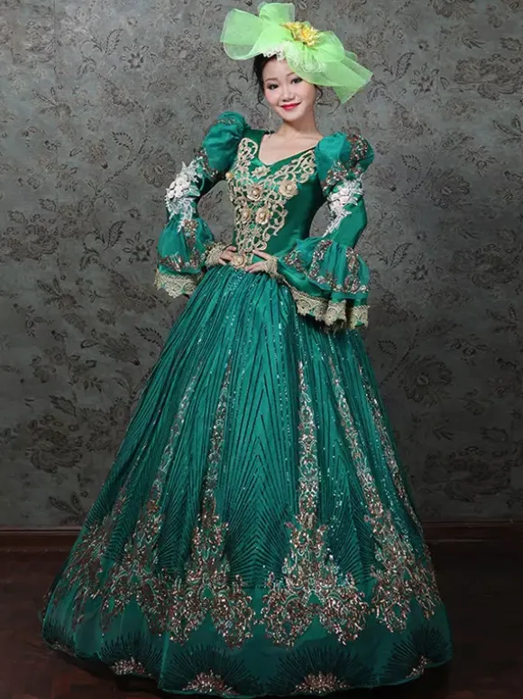 Vintage Victorian Rococo Dress Embroidered Path Long Flared Sleeves Ball Gown Dress