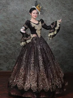 Vintage Victorian Rococo Dress Embroidered Path Long Flared Sleeves Ball Gown Dress