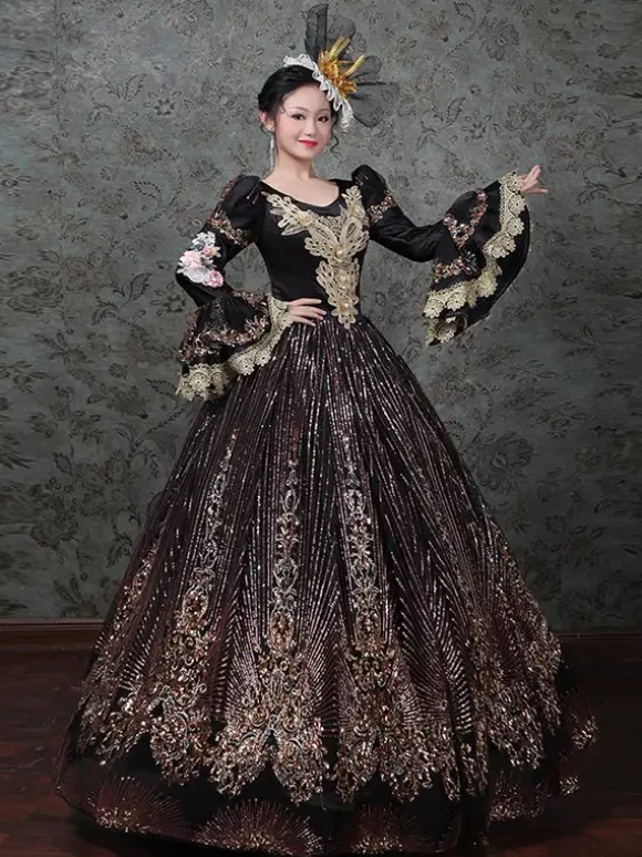 Vintage Victorian Rococo Dress Embroidered Path Long Flared Sleeves Ball Gown Dress