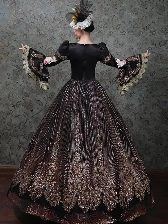 Vintage Victorian Rococo Dress Embroidered Path Long Flared Sleeves Ball Gown Dress