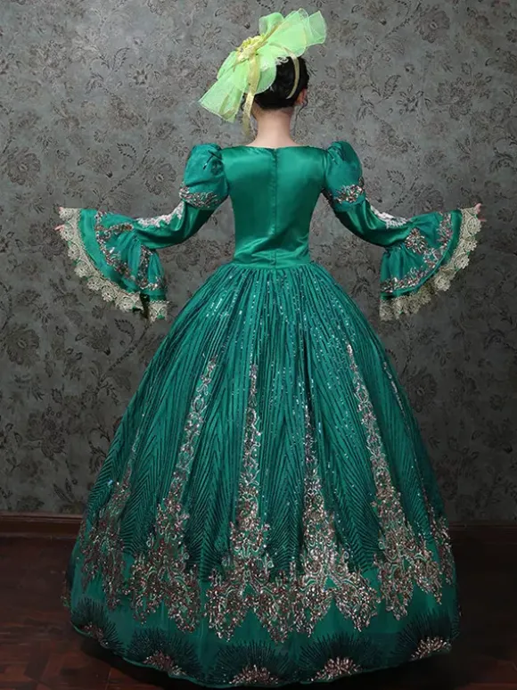 Vintage Victorian Rococo Dress Embroidered Path Long Flared Sleeves Ball Gown Dress