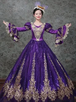 Vintage Victorian Rococo Dress Embroidered Path Long Flared Sleeves Ball Gown Dress