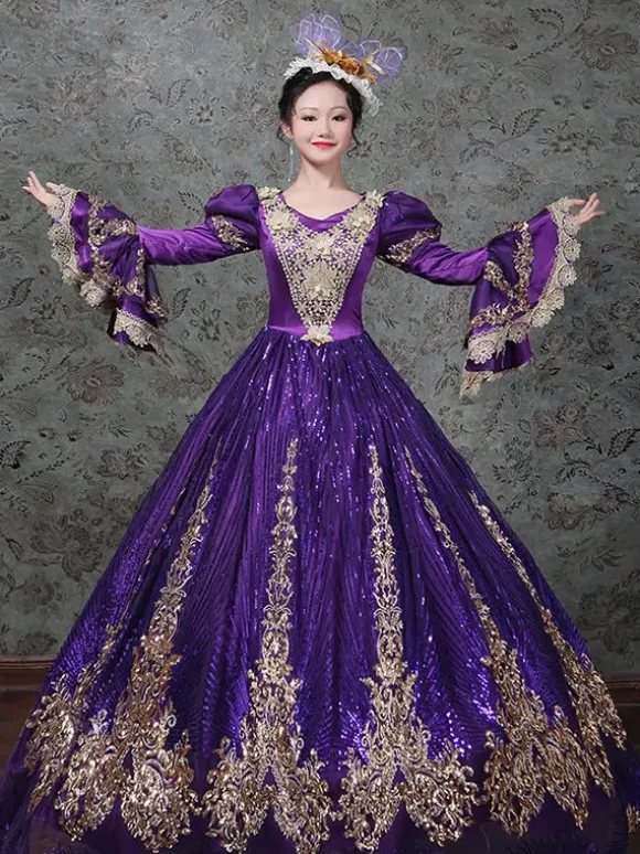 Vintage Victorian Rococo Dress Embroidered Path Long Flared Sleeves Ball Gown Dress
