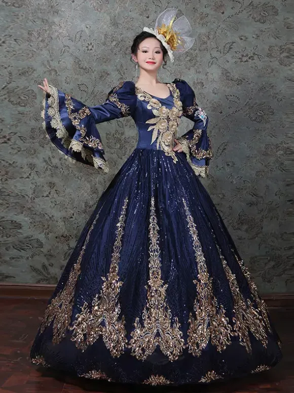Vintage Victorian Rococo Dress Embroidered Path Long Flared Sleeves Ball Gown Dress