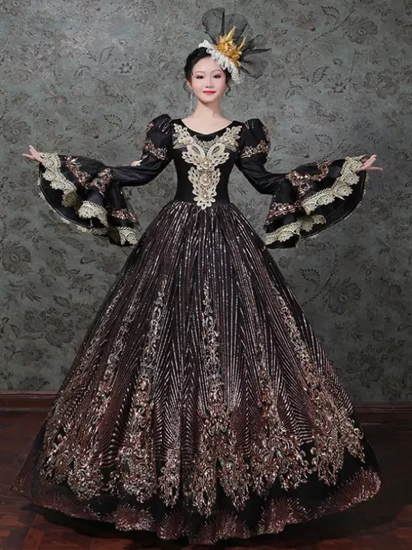 Vintage Victorian Rococo Dress Embroidered Path Long Flared Sleeves Ball Gown Dress