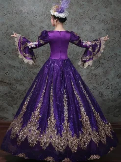 Vintage Victorian Rococo Dress Embroidered Path Long Flared Sleeves Ball Gown Dress