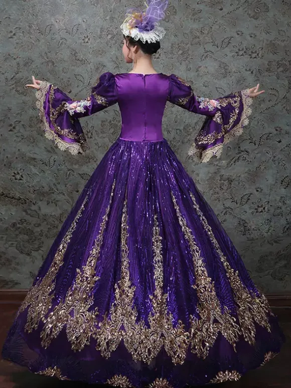 Vintage Victorian Rococo Dress Embroidered Path Long Flared Sleeves Ball Gown Dress