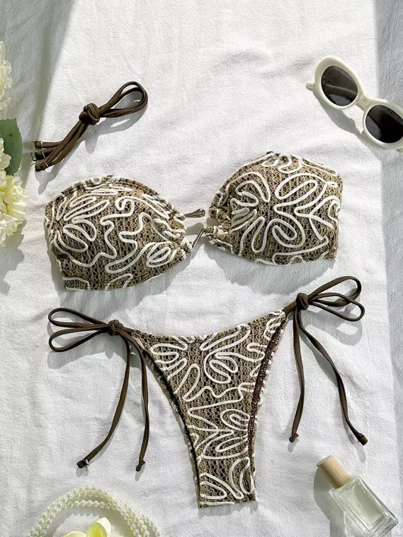 Vintage Wave Lace Halter Tie Side Bikini Two Piece Swimsuit
