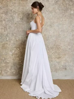 Vintage Wedding Dress Basque Waist Satin Fabric Square Neck Sleeveless Pleated A-Line Simple Bridal Gowns