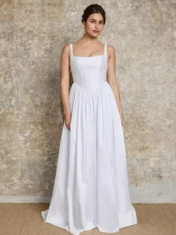 Vintage Wedding Dress Basque Waist Satin Fabric Square Neck Sleeveless Pleated A-Line Simple Bridal Gowns