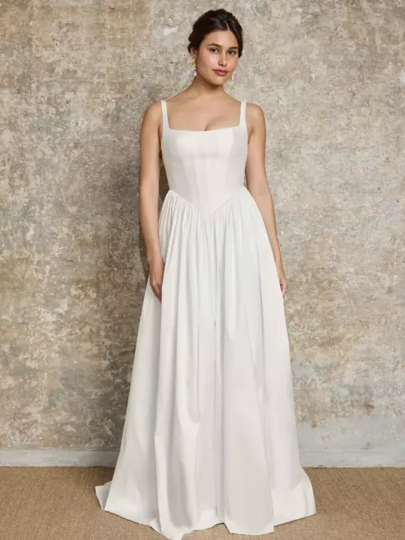 Vintage Wedding Dress Basque Waist Satin Fabric Square Neck Sleeveless Pleated A-Line Simple Bridal Gowns