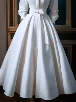 Vintage Wedding Dress Designed Neckline 3/4 Length Sleeves Natural Waist Satin Fabric Tea-Length Sash Bridal Gowns