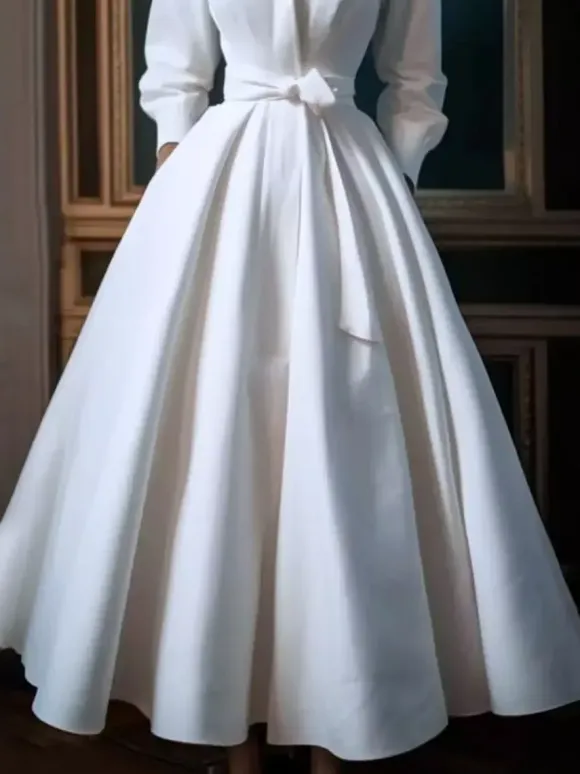 Vintage Wedding Dress Designed Neckline 3/4 Length Sleeves Natural Waist Satin Fabric Tea-Length Sash Bridal Gowns