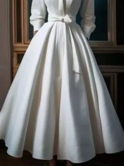 Vintage Wedding Dress Designed Neckline 3/4 Length Sleeves Natural Waist Satin Fabric Tea-Length Sash Bridal Gowns