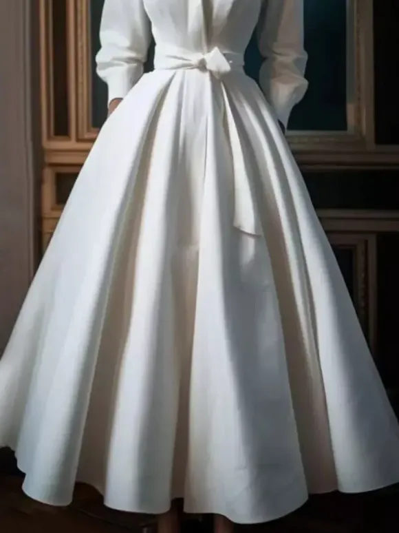 Vintage Wedding Dress Designed Neckline 3/4 Length Sleeves Natural Waist Satin Fabric Tea-Length Sash Bridal Gowns