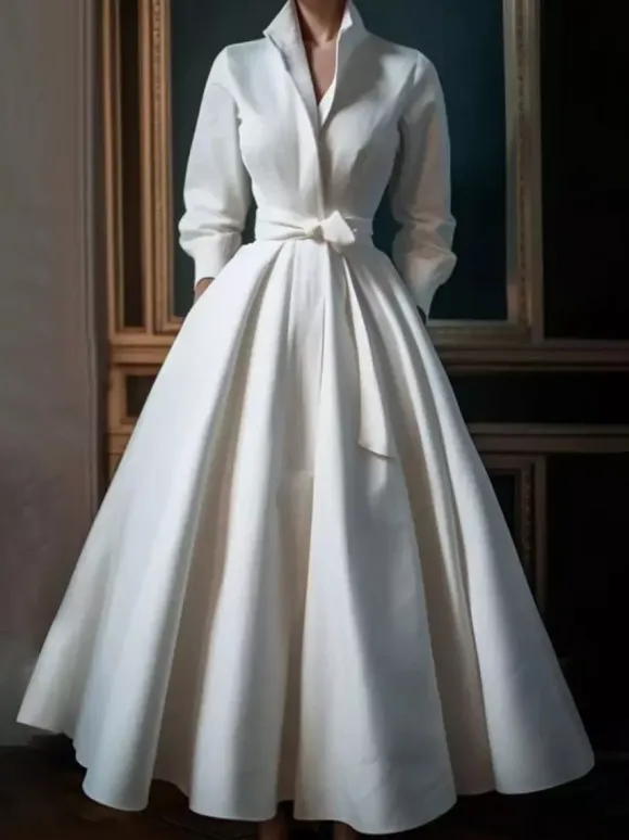 Vintage Wedding Dress Designed Neckline 3/4 Length Sleeves Natural Waist Satin Fabric Tea-Length Sash Bridal Gowns