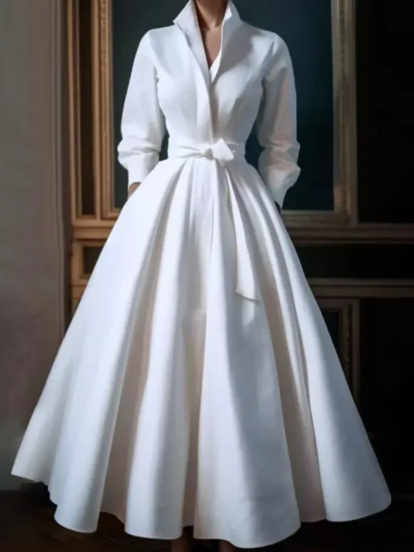 Vintage Wedding Dress Designed Neckline 3/4 Length Sleeves Natural Waist Satin Fabric Tea-Length Sash Bridal Gowns