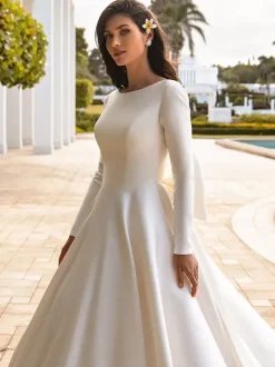 Vintage Wedding Dresses Jewel Neck Long Sleeves Natural Waist Satin Fabric With Train Bows Bridal Gowns