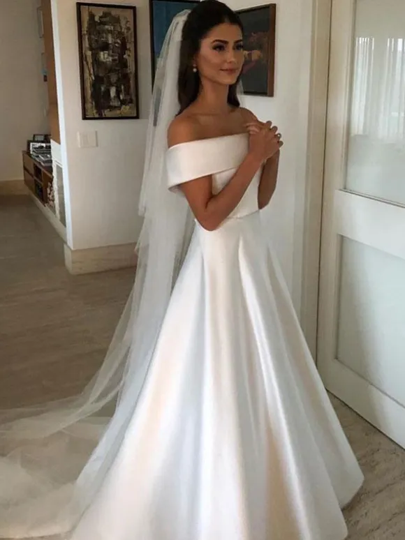 Vintage Wedding Dresses 2026 Off The Shoulder Short Sleeve A Line Satin Traditional Bridal Gowns With Sweep Train