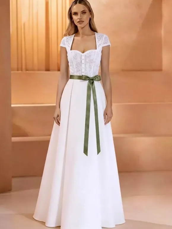 Vintage Wedding Dresses Sweetheart Neck Short Sleeves Natural Waist Lace Floor-Length Sash Traditional Dresses For Bride