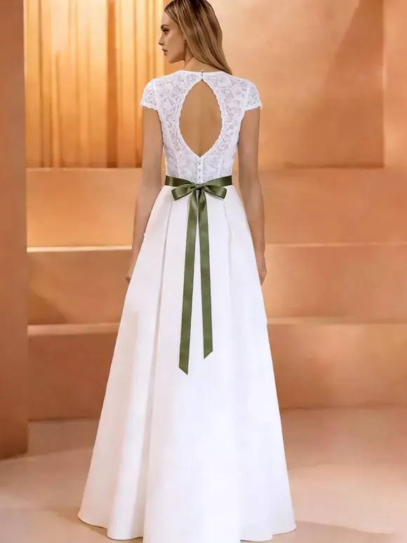 Vintage Wedding Dresses Sweetheart Neck Short Sleeves Natural Waist Lace Floor-Length Sash Traditional Dresses For Bride