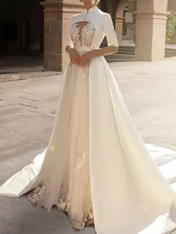Vintage Wedding Dresses V-Neck Half Sleeves Tulle With Train Lace Bridal Dress