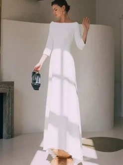 Vintage Wedding Dress Jewel Neck 3/4 Length Sleeves With Train Buttons Traditional Dresses For Bride Free Customization