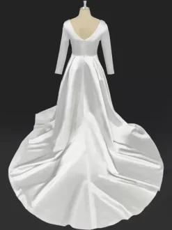 Vintage Wedding Dress Square Neck Long Sleeves Satin Fabric With Train Bridal Gowns Free Customization