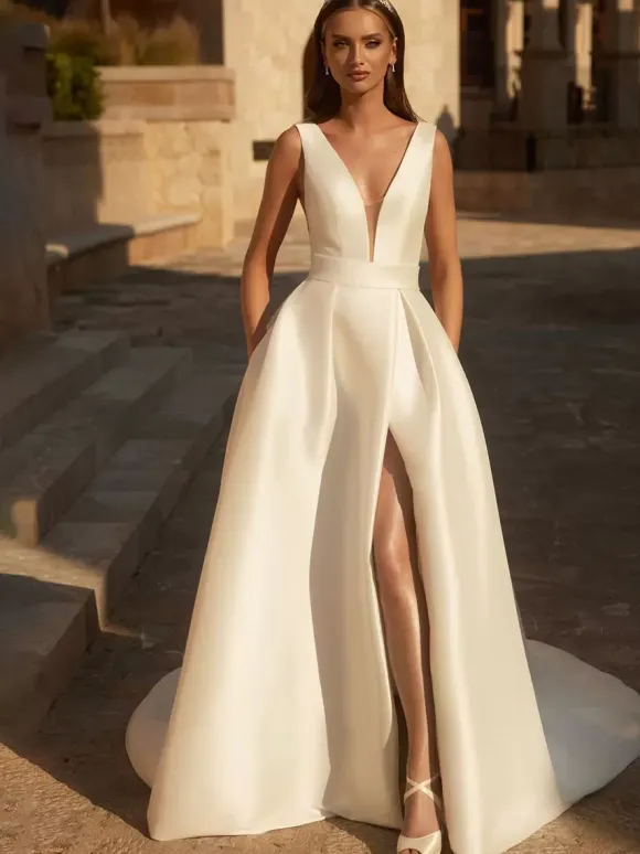 Vintage Wedding Dress V-Neck Sleeveless Natural Waist Satin Fabric With Train Bridal Gowns