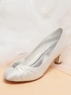 Vintage Wedding Shoes Satin Round Toe Rhinestones Mid Heel Bridal Shoes