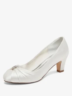 Vintage Wedding Shoes Satin Round Toe Rhinestones Mid Heel Bridal Shoes