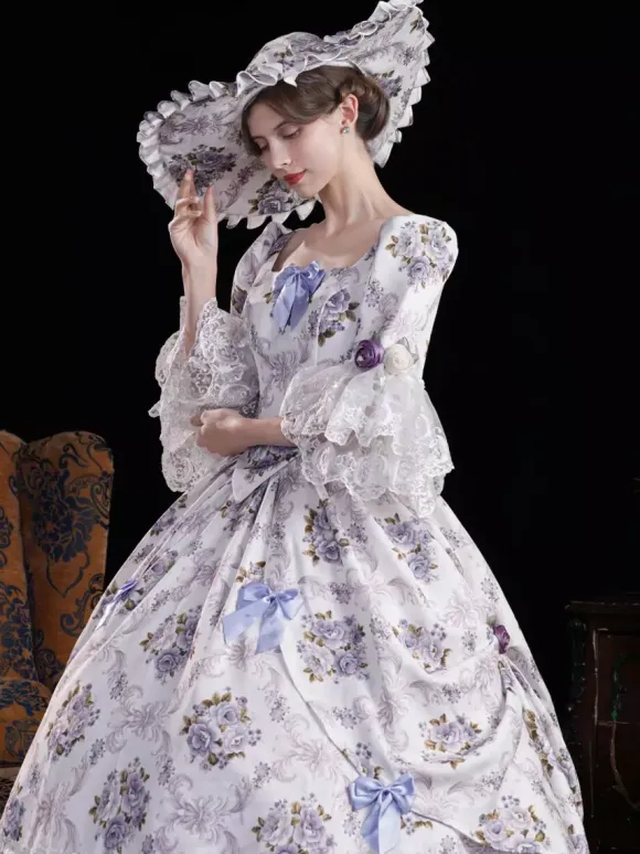 Vintage Womens Victorian Rococo Dress Flared Sleeves Floral Printed Ball Gown Dress