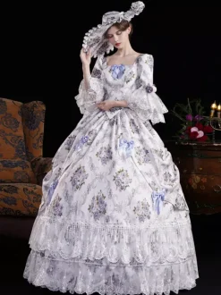 Vintage Womens Victorian Rococo Dress Flared Sleeves Floral Printed Ball Gown Dress