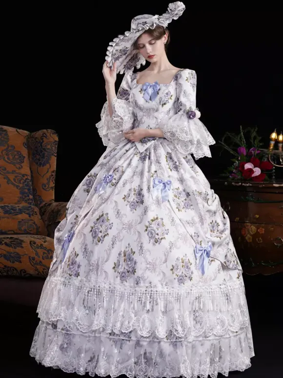 Vintage Womens Victorian Rococo Dress Flared Sleeves Floral Printed Ball Gown Dress