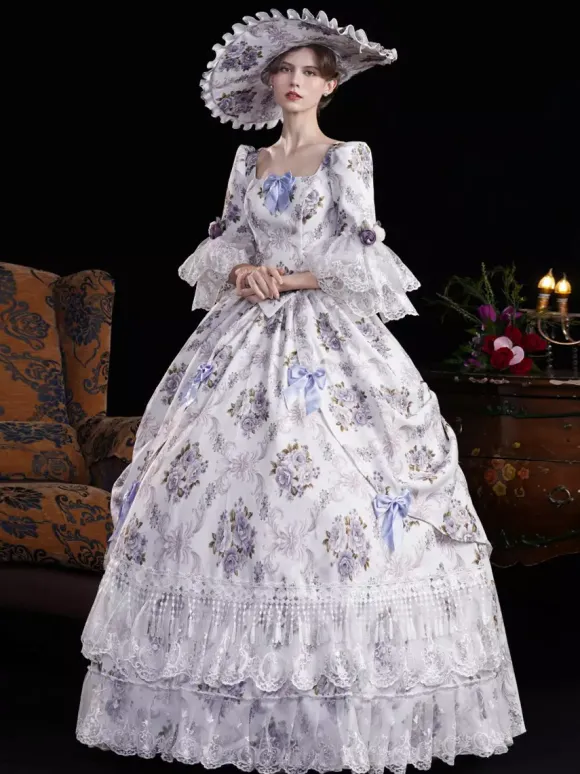 Vintage Womens Victorian Rococo Dress Flared Sleeves Floral Printed Ball Gown Dress