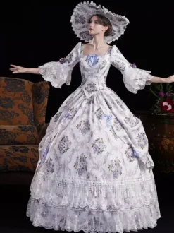 Vintage Womens Victorian Rococo Dress Flared Sleeves Floral Printed Ball Gown Dress