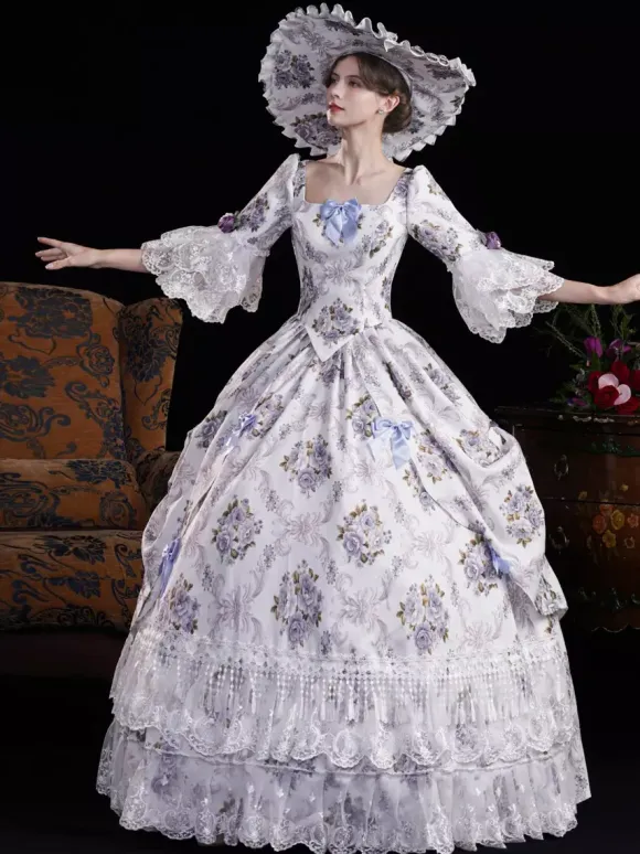 Vintage Womens Victorian Rococo Dress Flared Sleeves Floral Printed Ball Gown Dress